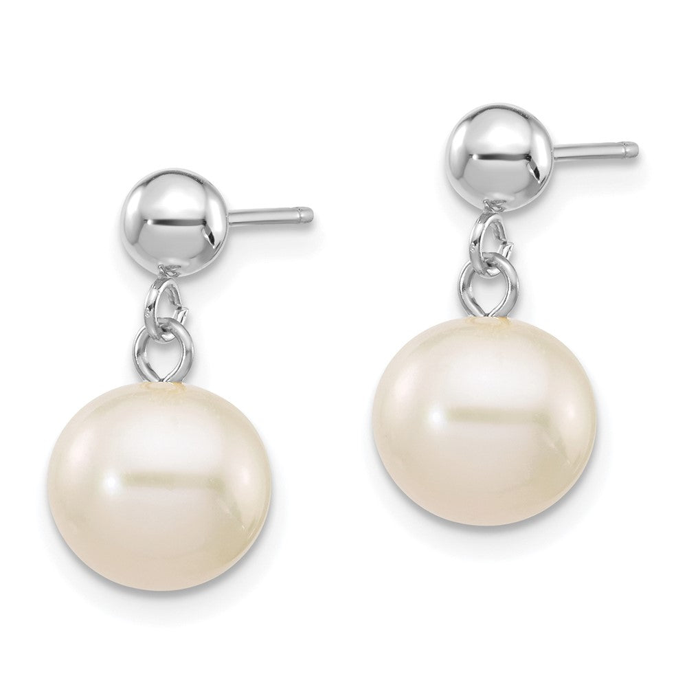 Aretes colgantes con poste de perlas cultivadas de agua dulce redondas blancas de 8-8,5 mm