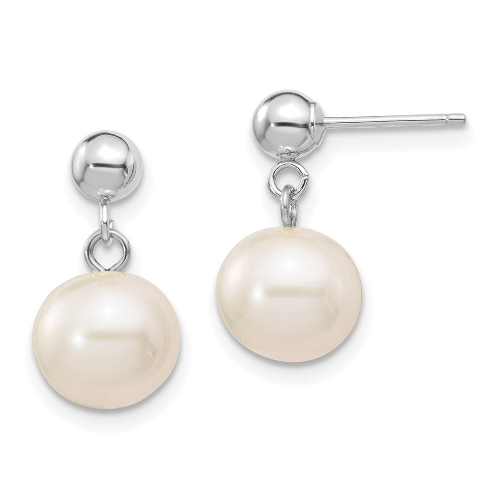 Aretes colgantes con poste de perlas cultivadas de agua dulce redondas blancas de 8-8,5 mm
